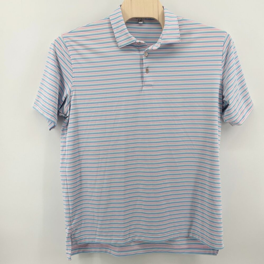 Peter Millar Mens Blue/Pink Striped Logo Summer Comfort SS Performance Polo XL - Picture 2 of 9
